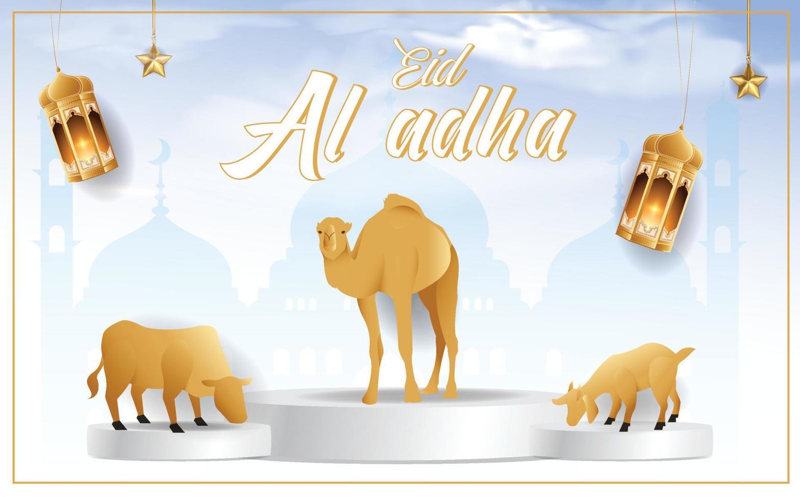 diseño de plantilla de eid al-adha. día sagrado para los musulmanes y el islam. ilustración vectorial de vaca, cabra y camello en el podio. adecuado para carteles, pancartas, campañas web y tarjetas de felicitación. vector