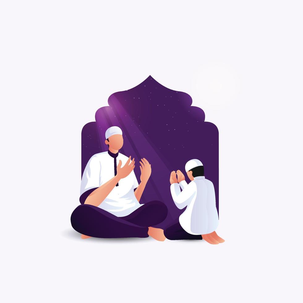 ramadan mubarak - padre e hijo rezan a dios por la noche durante el ramadan. vector