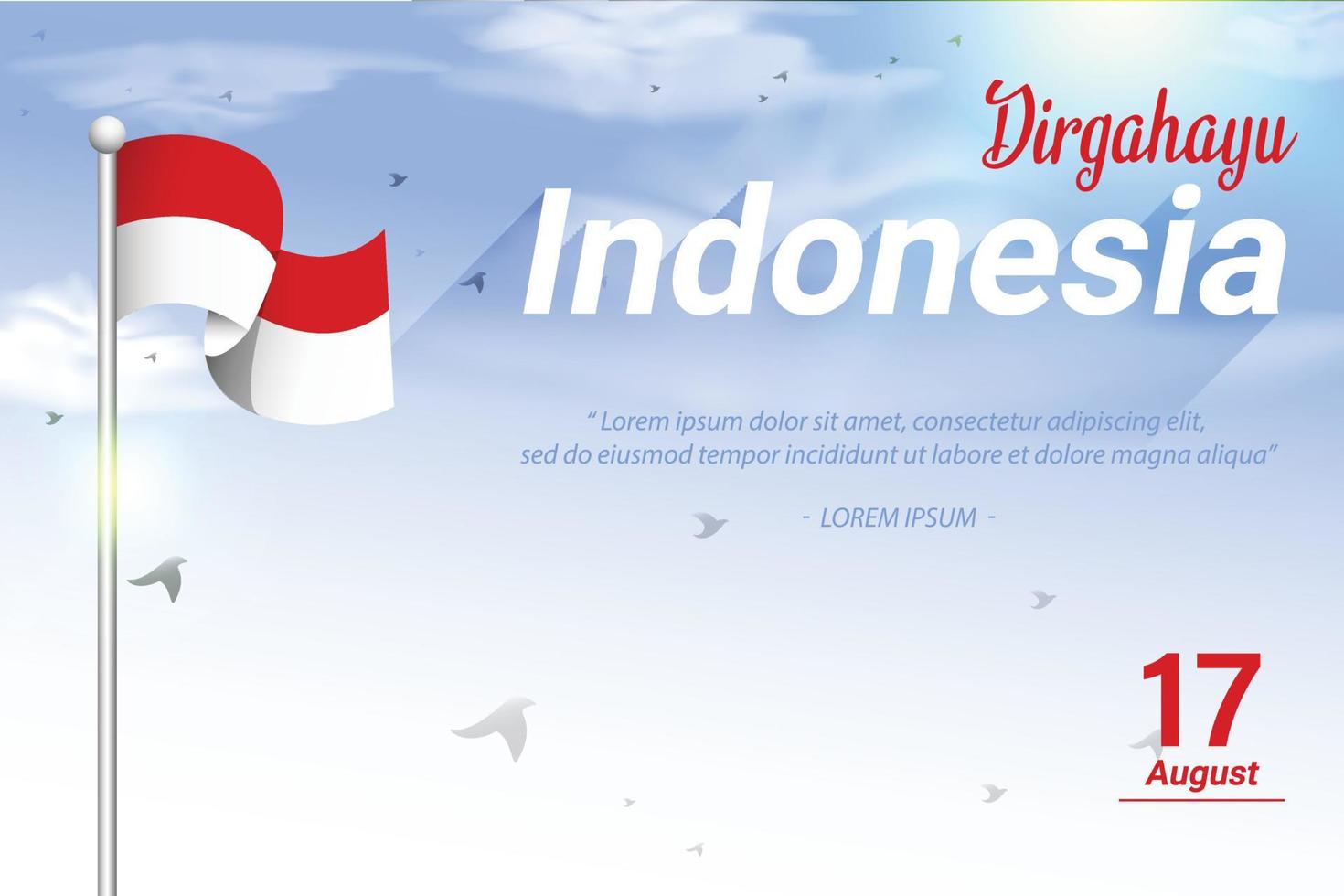 Background Template - Indonesian Independence Day August 17th, Fluttering Flag on Sky Blue with Flying Birds Background. vector