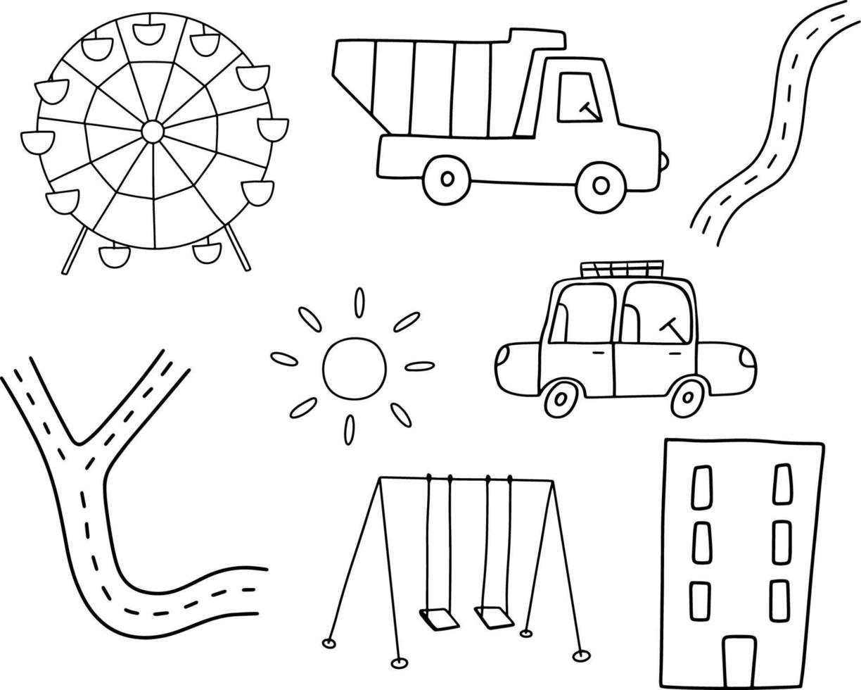 Set of doodle vector illustrations with urban elements. Road, house, swing and car. City sketch isolated on white