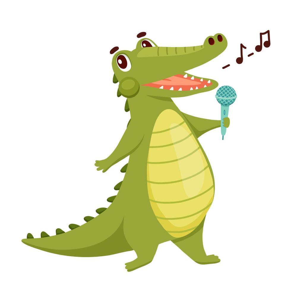 Cute Crocodile is singer. Funny Alligator with microphone isolated on white. Cartoon Vector Illustration Animal Character singing song