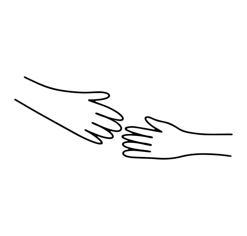 las manos humanas se extienden unas a otras. ilustración de vector de garabato aislado en blanco. símbolo de apoyo