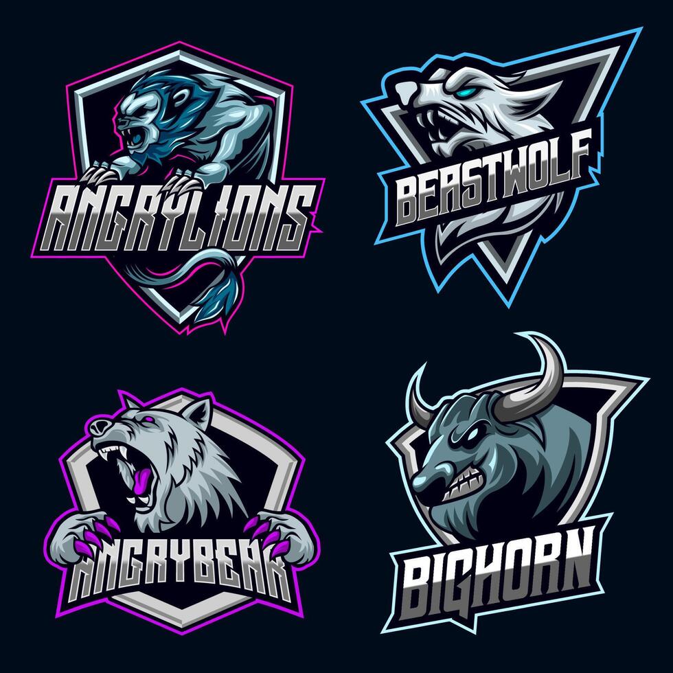 león lobo oso bisonte juego de caracteres logo e-sport mascota diseño paquete conjunto colección de iconos ilustración vectorial juego equipo vector