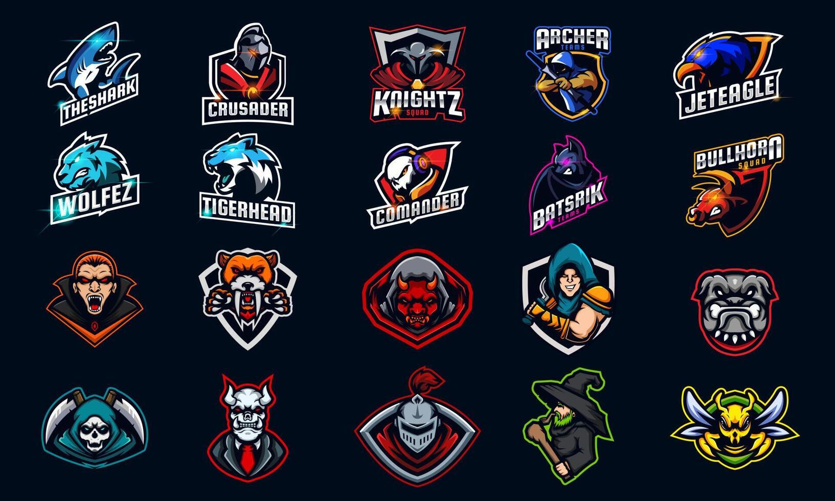 conjunto de paquetes de diseño de logotipos de e-sport, símbolo, colección de iconos con lobo, tiburón, caballero, guerrero, animal, lobo, tigre y otros vector