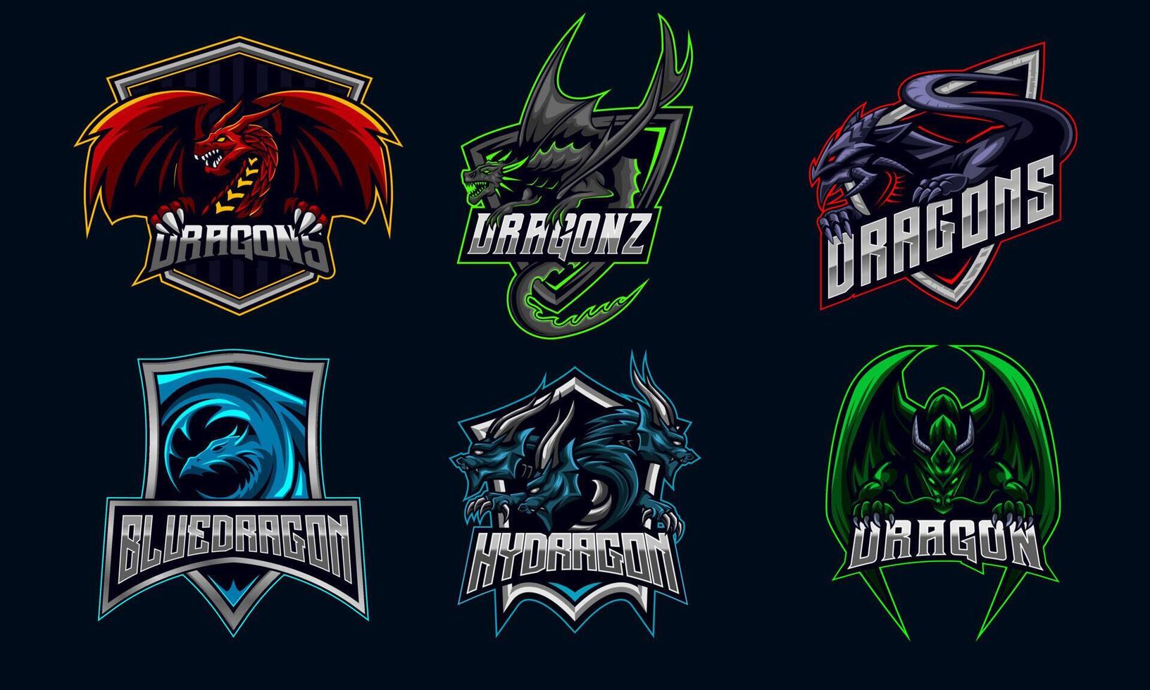 conjunto de paquetes de diseño de logotipo de dragon e-sport, símbolo, equipo de juegos de ilustración vectorial de colección de iconos vector