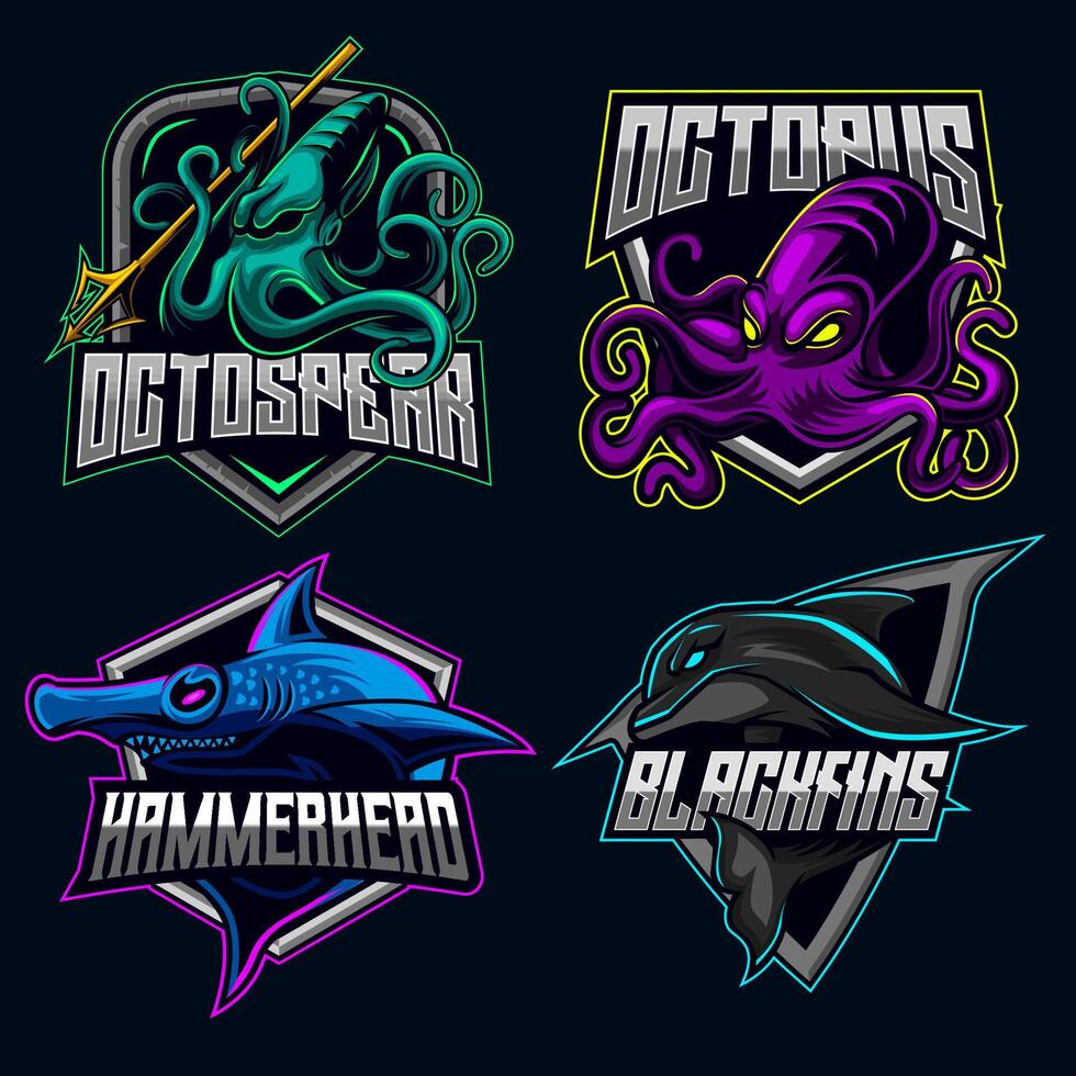 mar océano pulpo cabeza de martillo delfín calamar juego de caracteres logo e-sport mascota diseño paquete conjunto iconos colección vector ilustración juego equipo