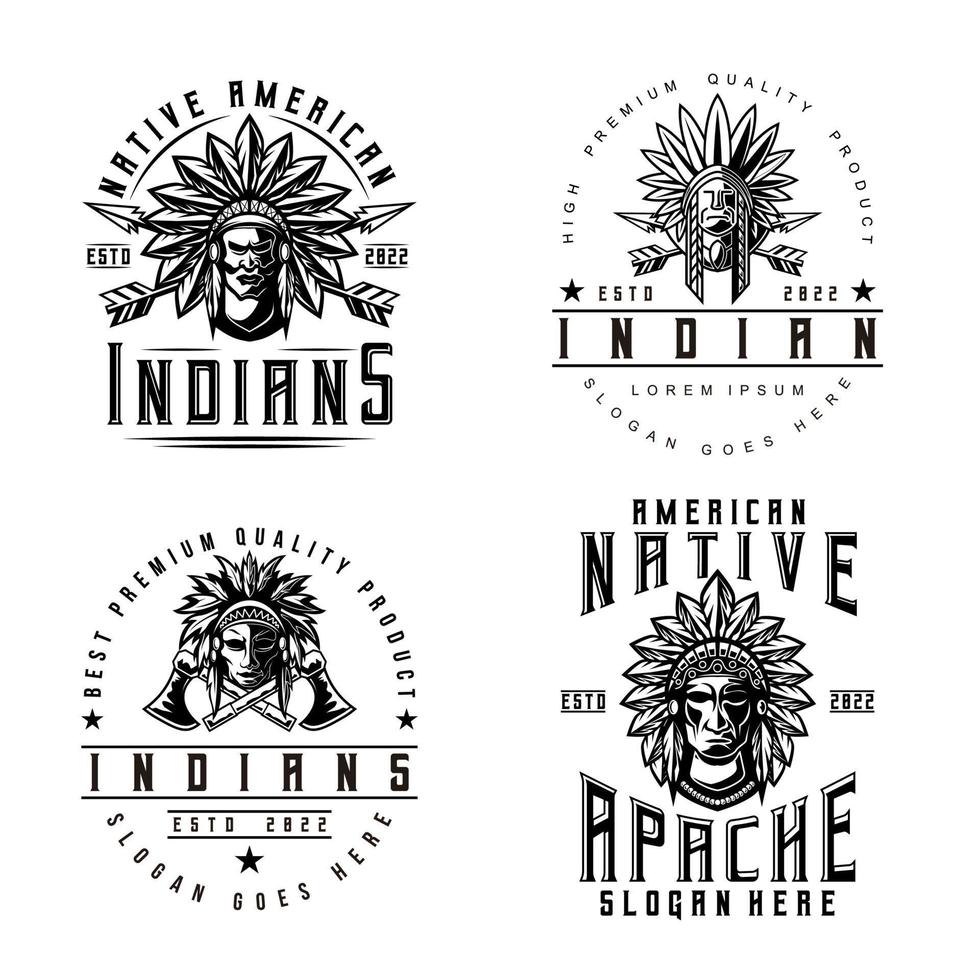 apache indian man logo bundle set estilo vintage jefe mascota diseño carácter blanco y negro silueta vector ilustración