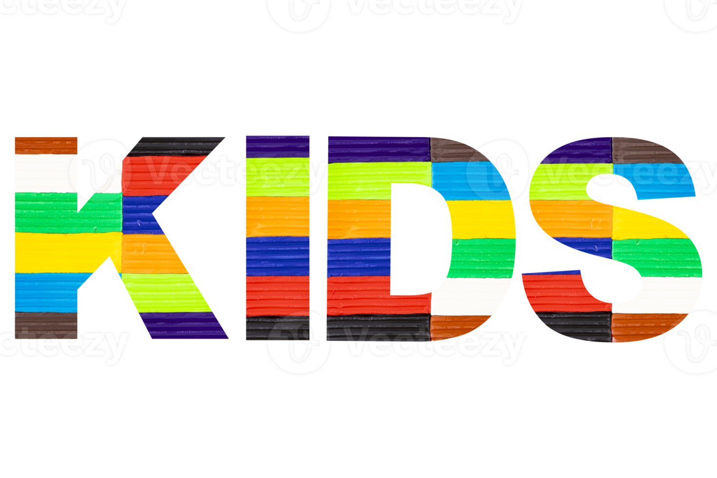 Multicolored kids plasticine, the word kids written in plasticine letters. Transparent background. PNG