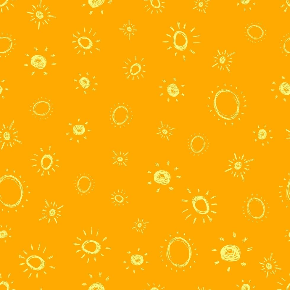 Hand drawn sun. Seamless pattern of simple sketch sun's. Solar symbol. Yellow doodle isolated on yellow background. Vector illustration.