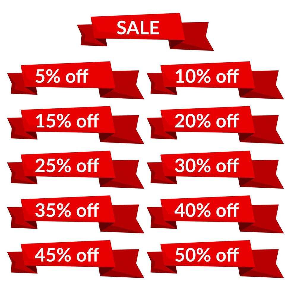 Set of red sale ribbons with different discount values. Sale label template. Vector illustration