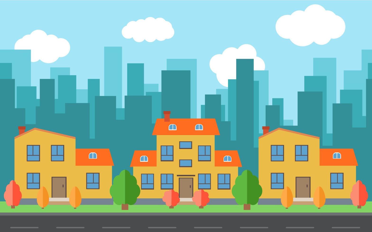 Vector city with cartoon houses and buildings. City space with road on flat style background concept. Summer urban landscape. Street view with cityscape on a background