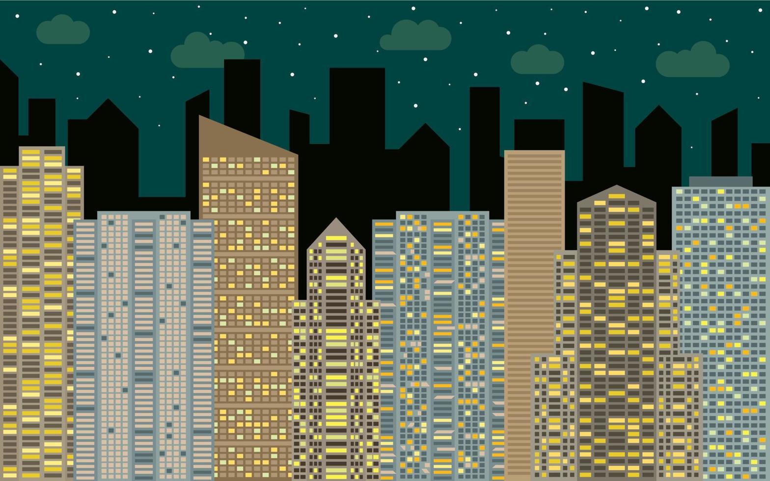 Night urban landscape. Street view with cityscape, skyscrapers and modern buildings at sunny day. City space in flat style background concept. vector
