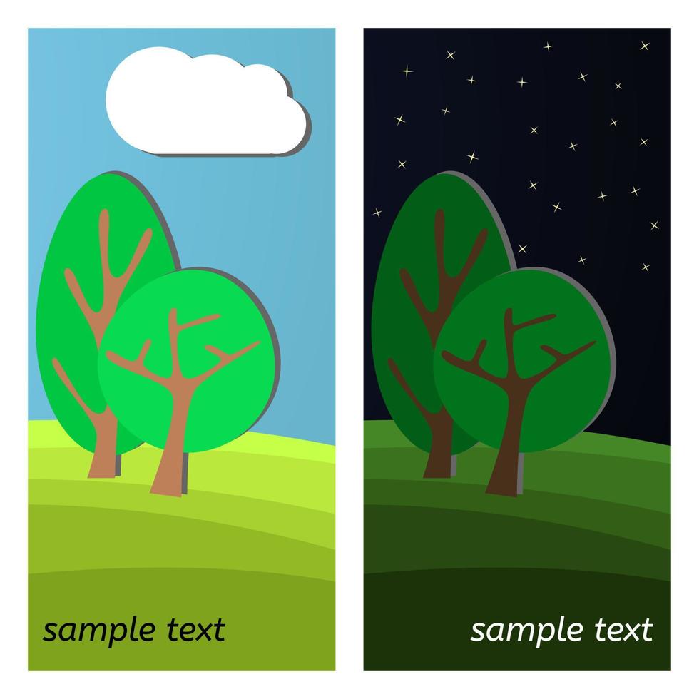 Two Trees. Day and Night on a Clearing in the Forest. vector