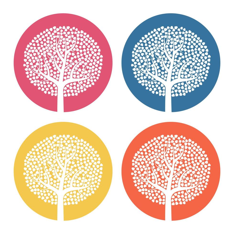 Set of four white trees with leaves on colorful round background. Vector illustration