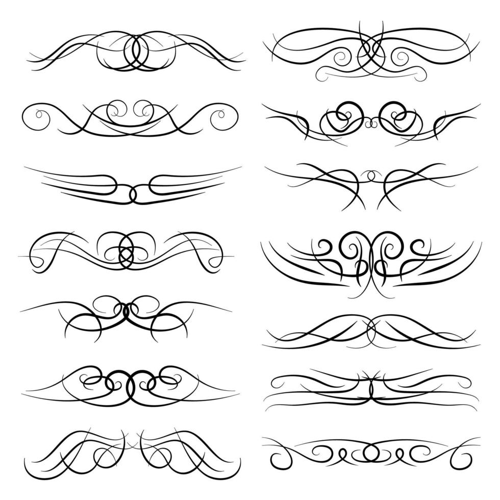 Set of vintage decorative curls, swirls, monograms and calligraphic borders. Line drawing design elements in black color on white background. Vector illustration.