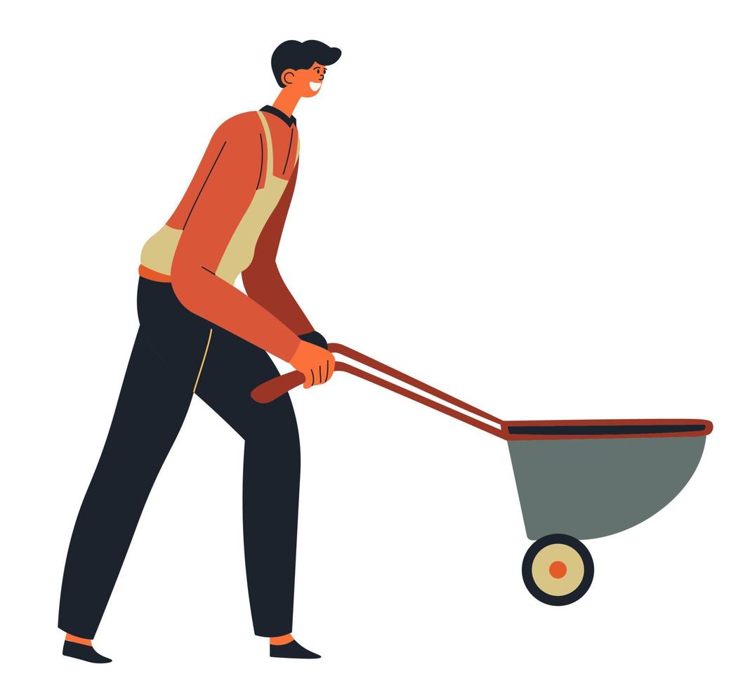 Worker pushing wheelbarrow at construction site vector