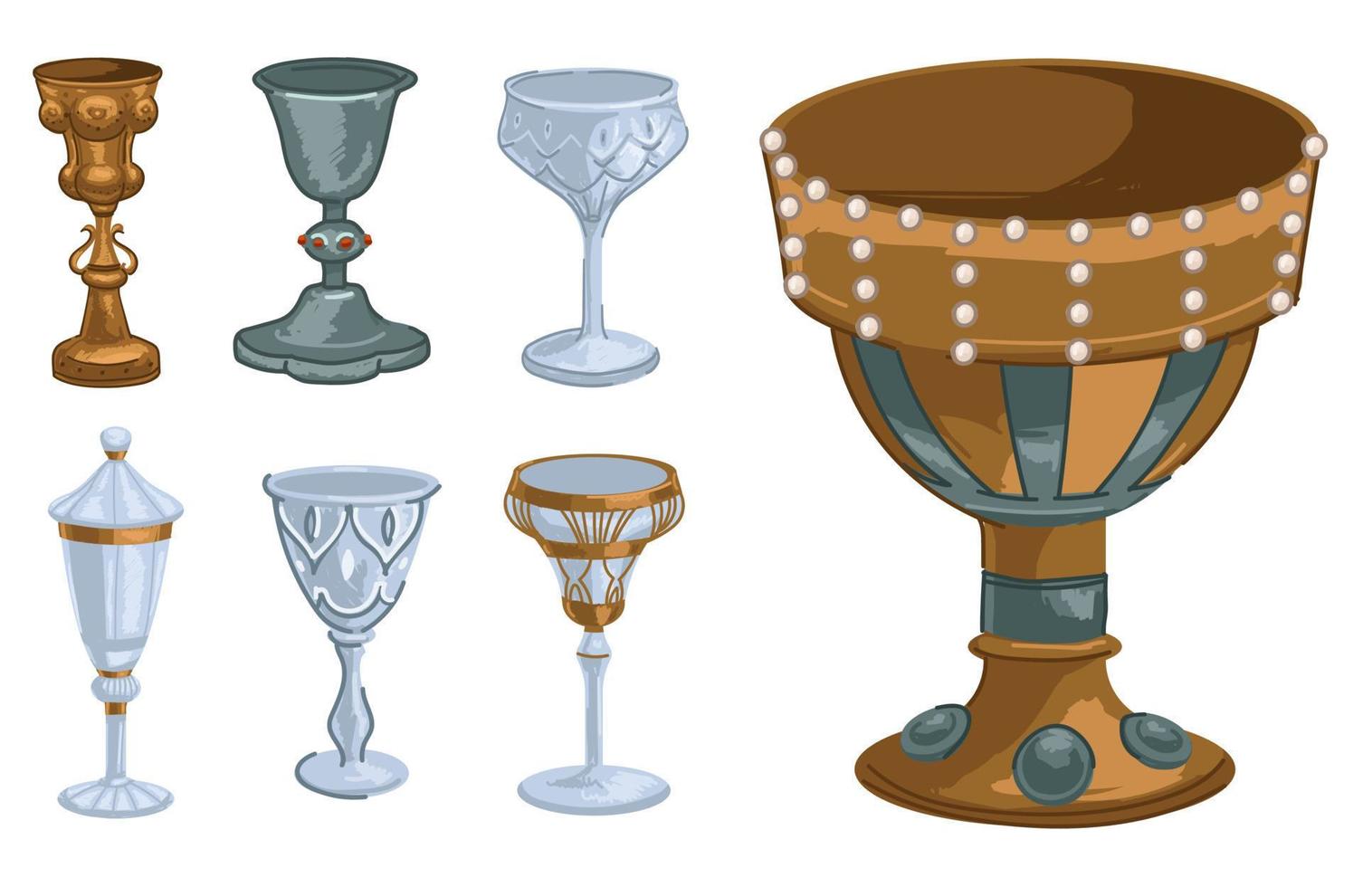 Goblet of gold and glass, decorated cups and mugs vector