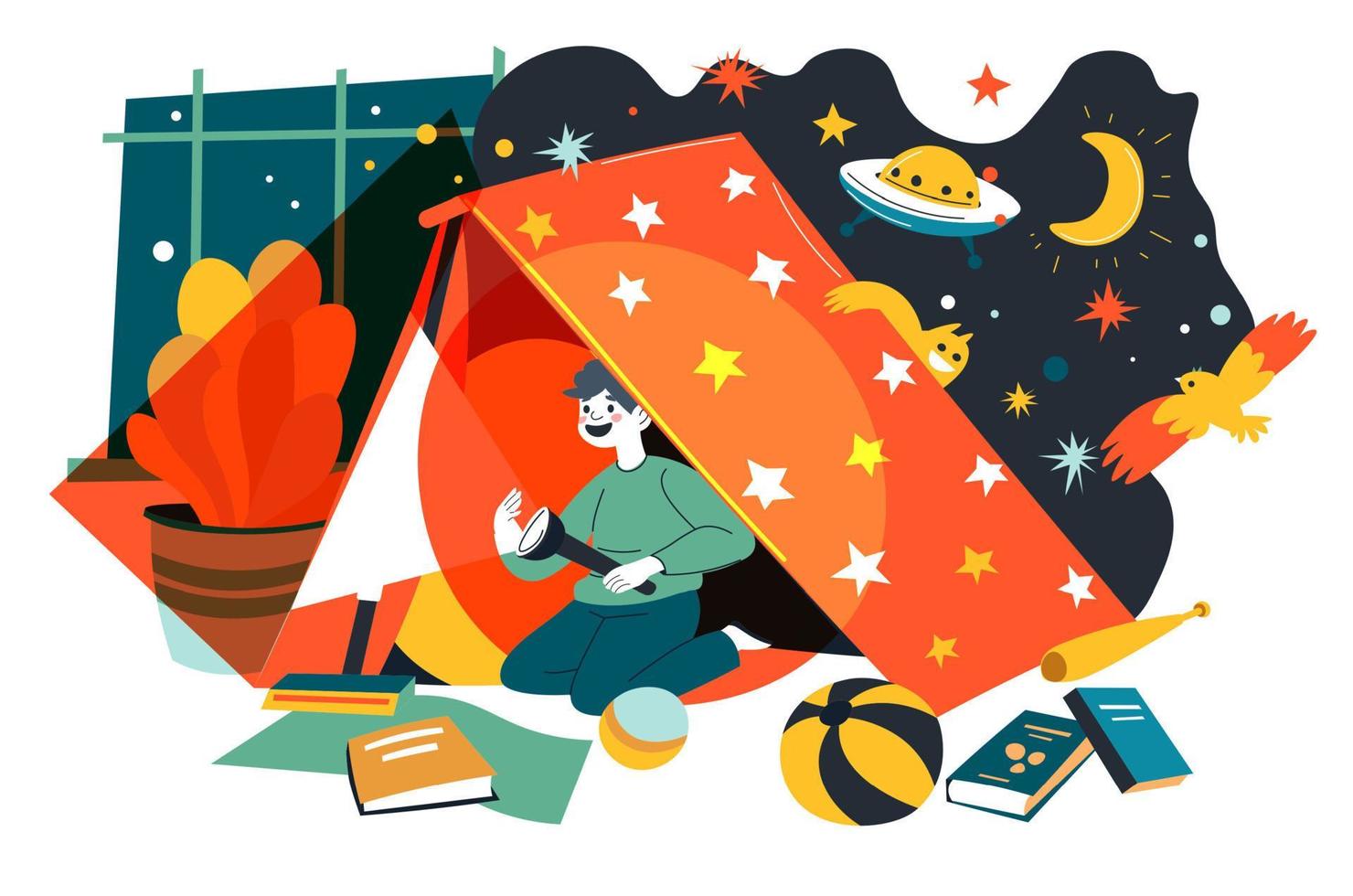 Child playing in tent with flashlight at night vector