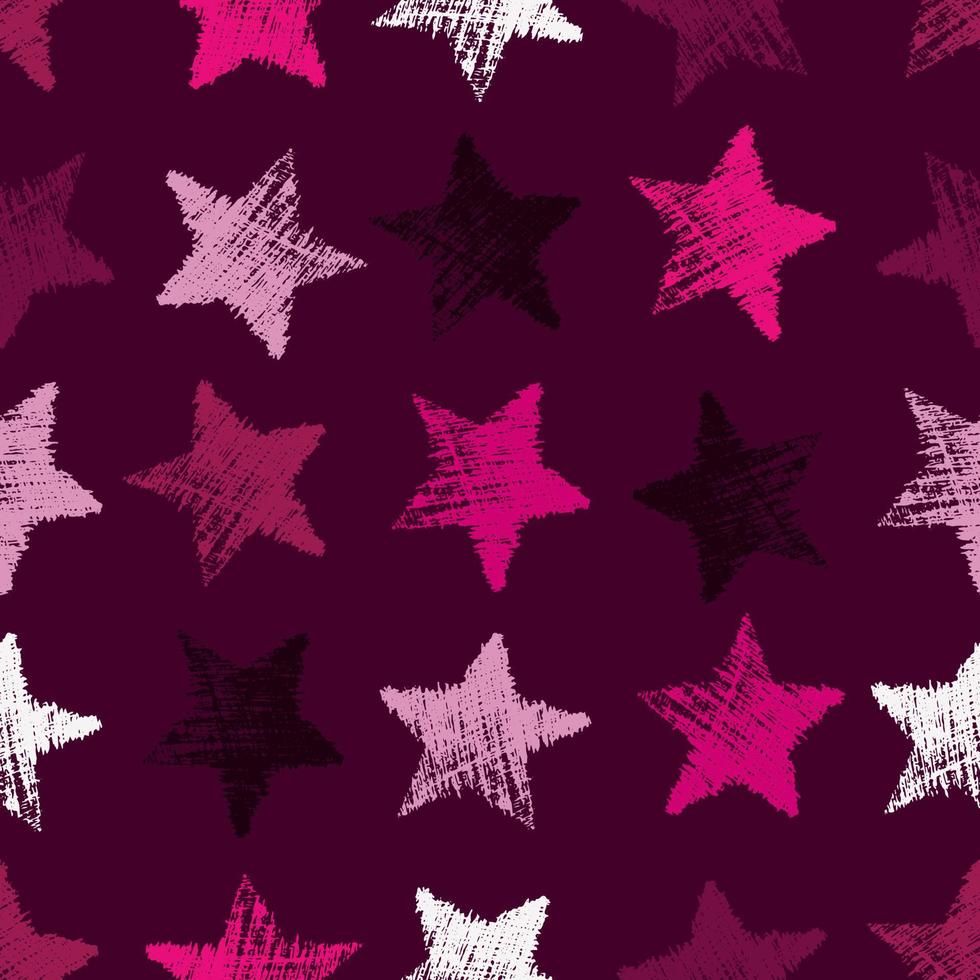 Seamless Pattern with hand drawn Stars on purple background. Abstract grunge texture. Vector illustration