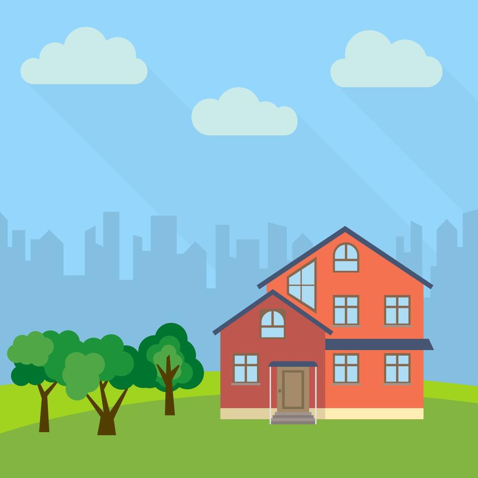 Lone three-storey house in a field with an green trees. Vector illustration.