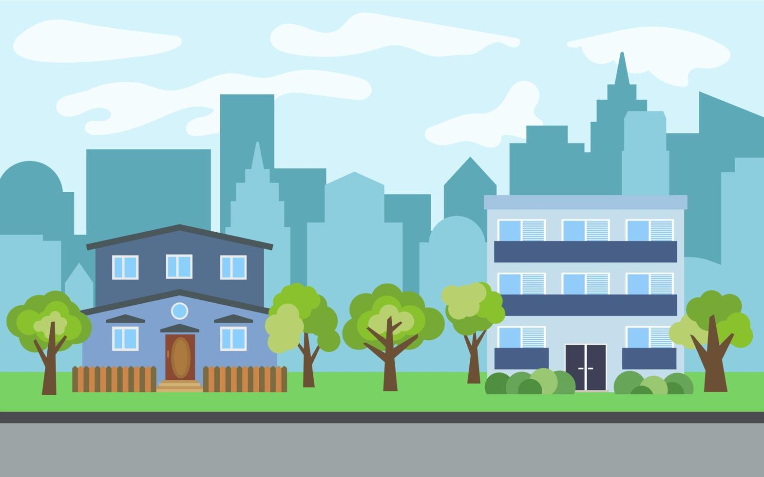 Vector city with three-story and two-story cartoon houses and green trees in the sunny day. Summer urban landscape. Street view with cityscape on a background