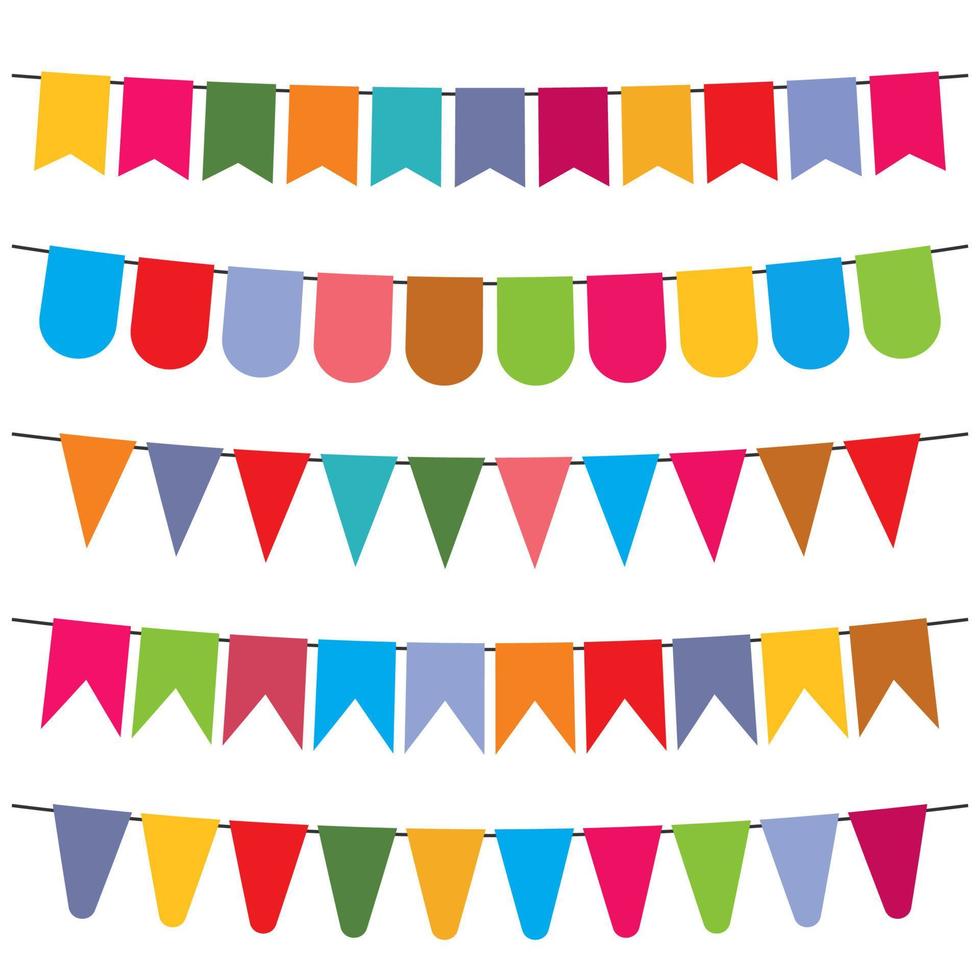 Colorful flags and bunting garlands for decoration. Decor elements with various patterns. Vector illustration