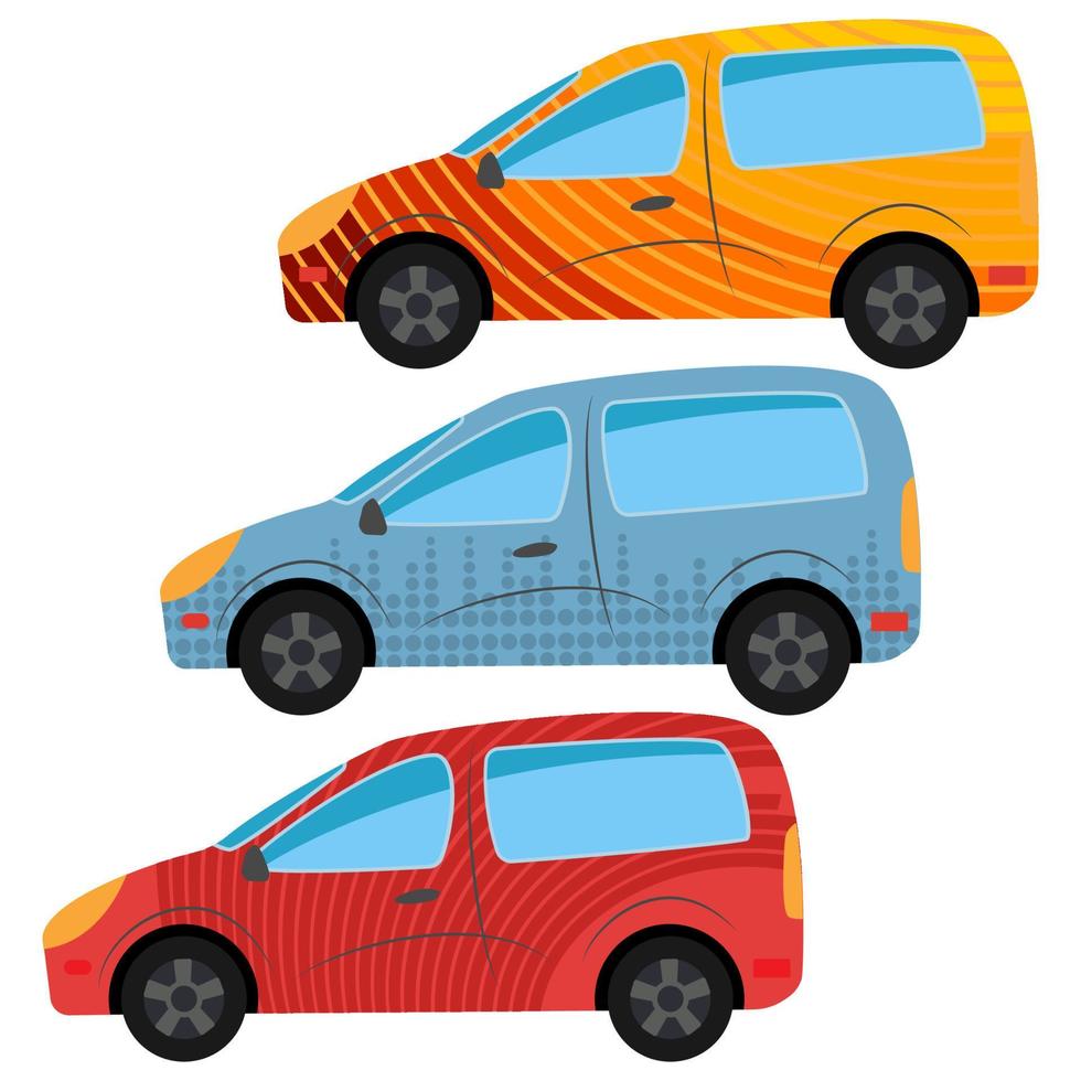 A set of three cars painted in different colors. Vector illustration
