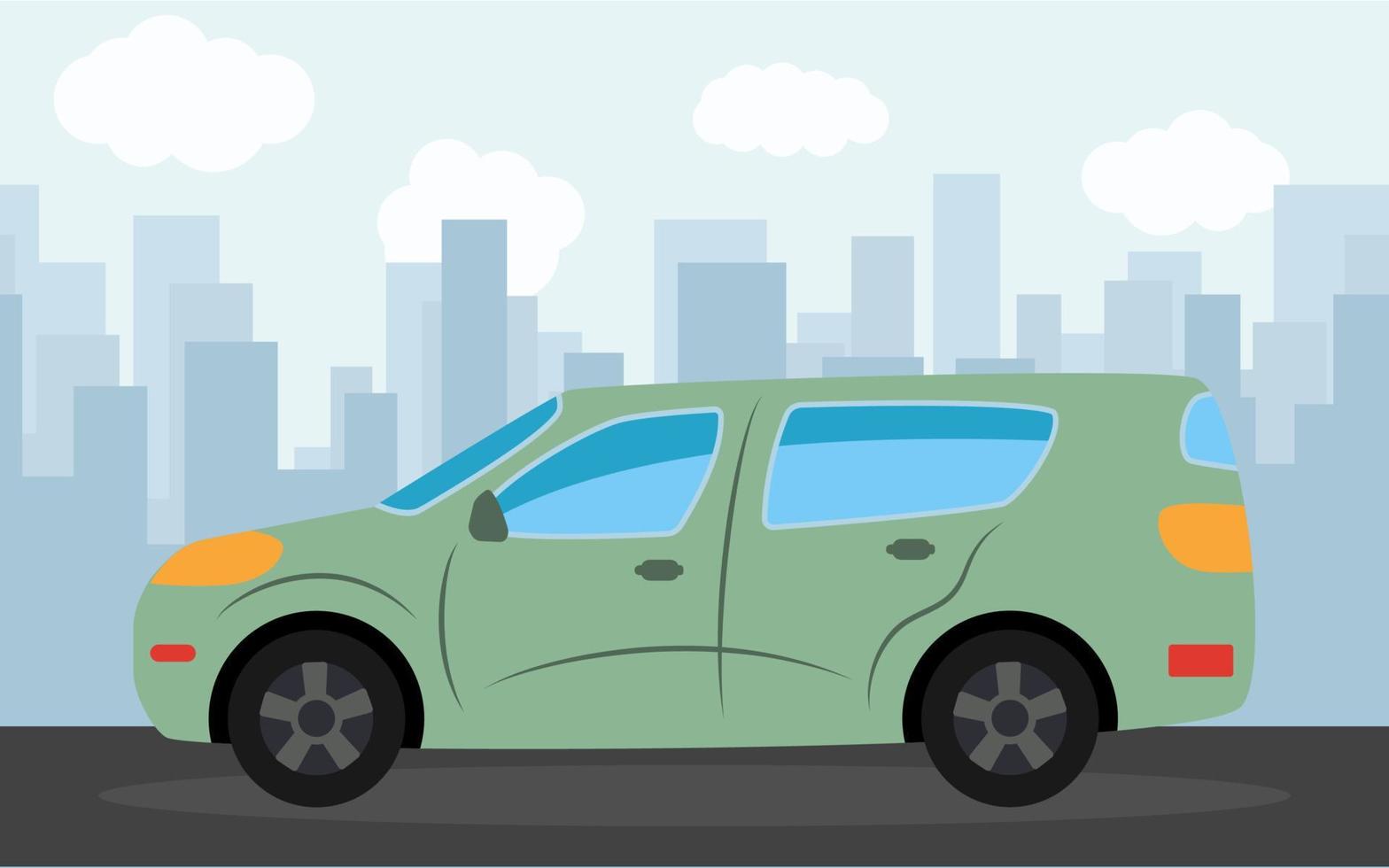 Green car in the background of skyscrapers in the afternoon. Vector illustration.