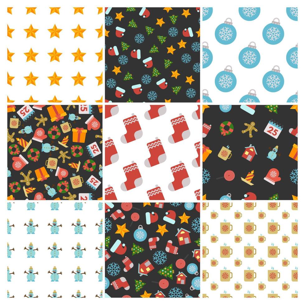 Set of nine Christmas Seamless Patterns with icons in flat style. Vector illustration