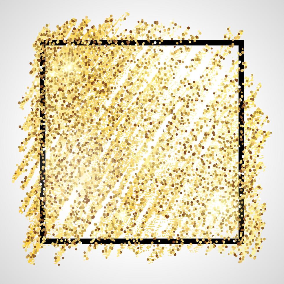 Golden Paint Glittering backdrop with black square frame on a white background. Background with gold sparkles and glitter effect. Empty space for your text. Vector illustration