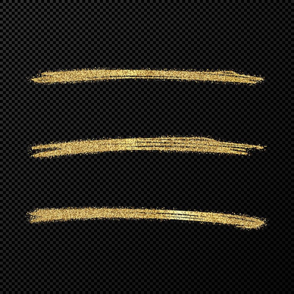 Abstract shiny confetti glittering waves. Set of three hand drawn brush golden strokes on black transparent background. Vector illustration