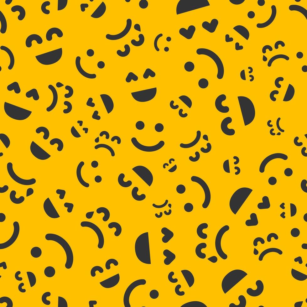 Cartoon faces with emotions. Seamless pattern with different emoticons on yellow background. Vector illustration