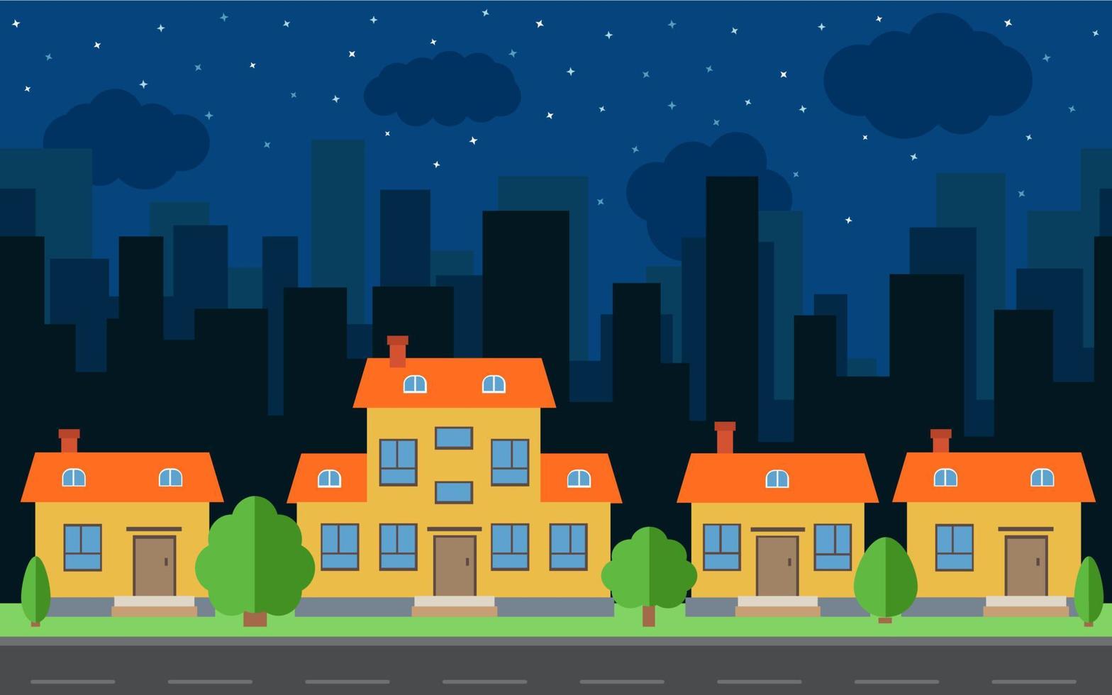 Vector night city with cartoon houses and buildings. City space with road on flat style background concept. Summer urban landscape. Street view with cityscape on a background