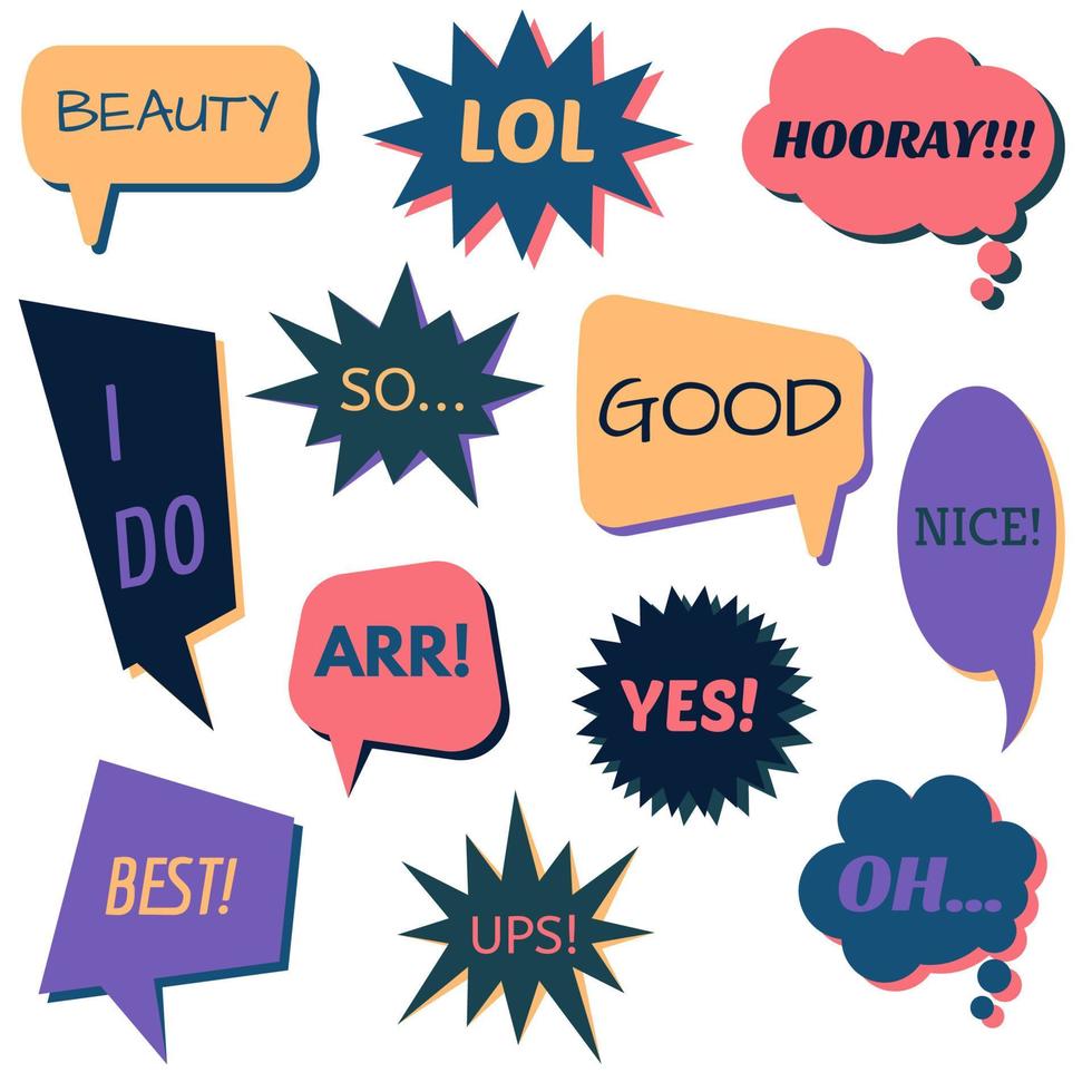 Set of speech bubbles on a white background with different inscriptions in the middle. Speech bubbles with short phrases. Vector illustration.