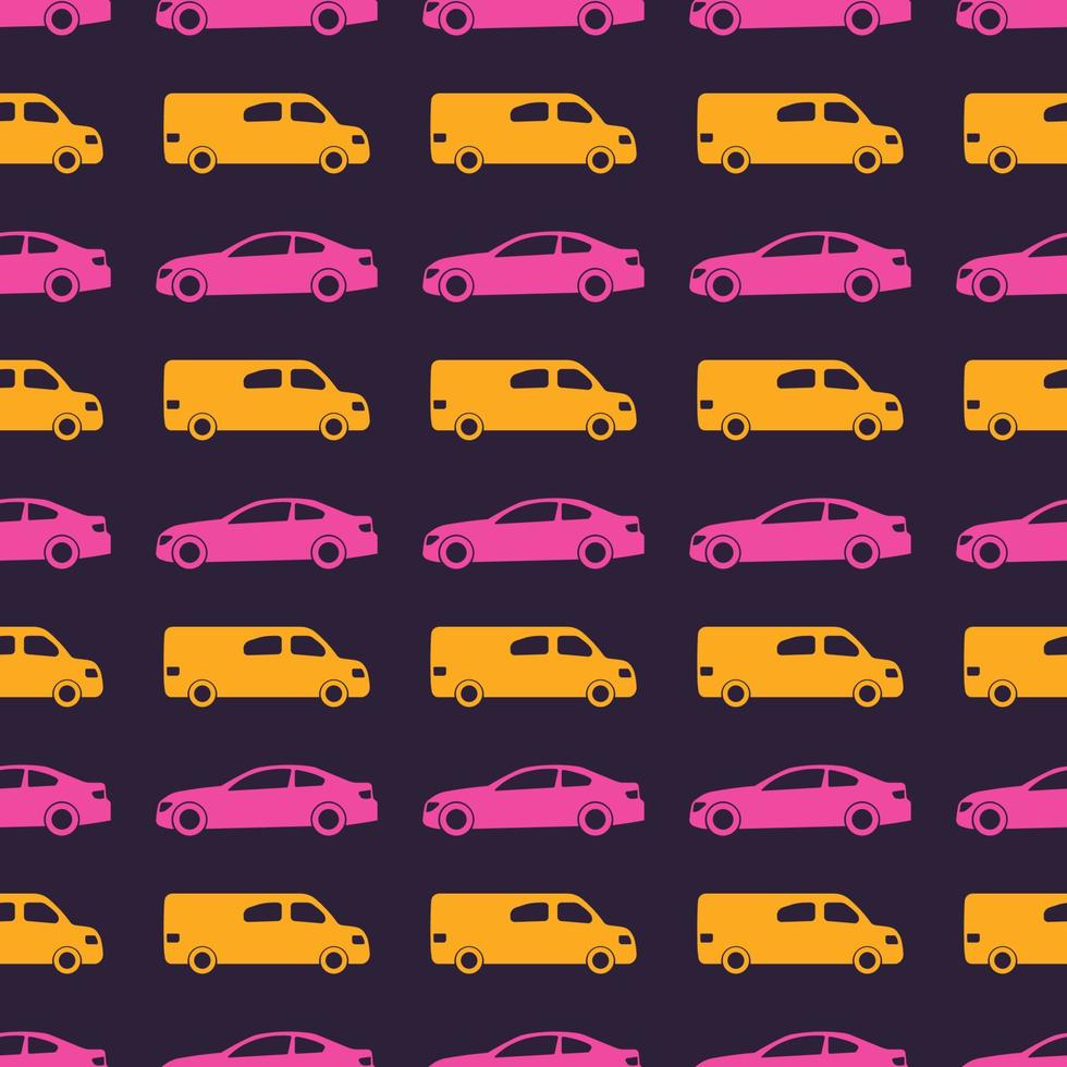 Seamless pattern with colorful cars on dark background. Vector illustration.