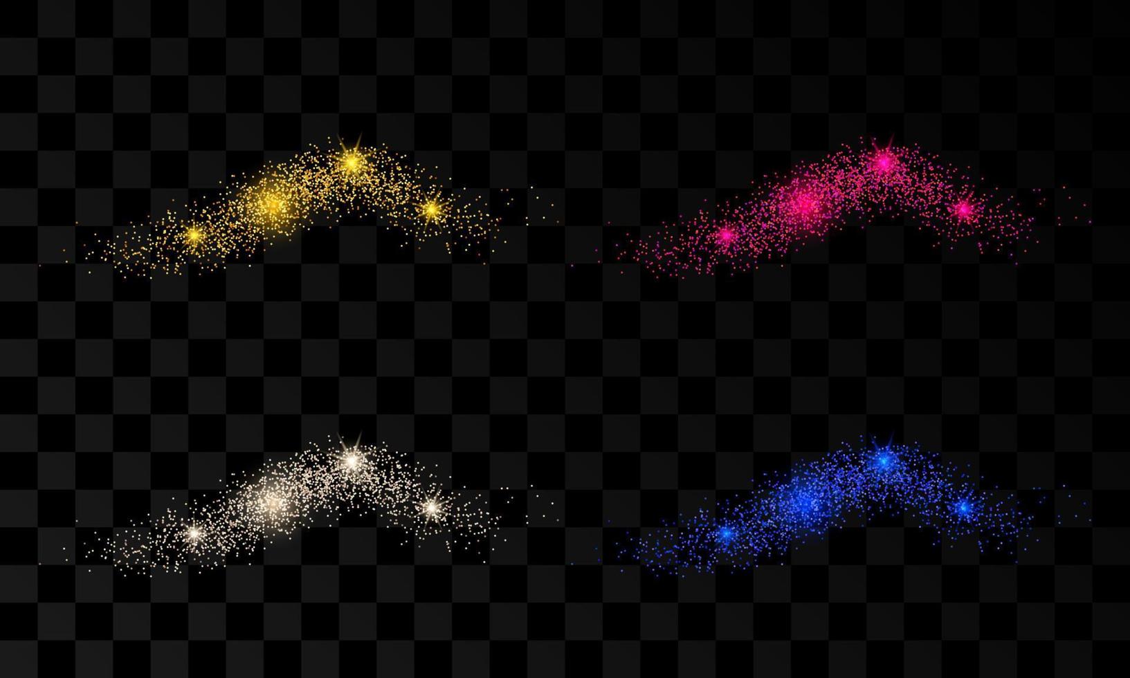 Set of four light wave with gold, silver, red and blue glitter effects on a dark transparent background. Abstract swirl lines. Vector illustration