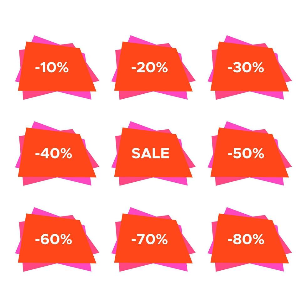 conjunto de nueve pegatinas de venta con diferentes valores de descuento. plantilla de etiqueta de venta. ilustración vectorial vector