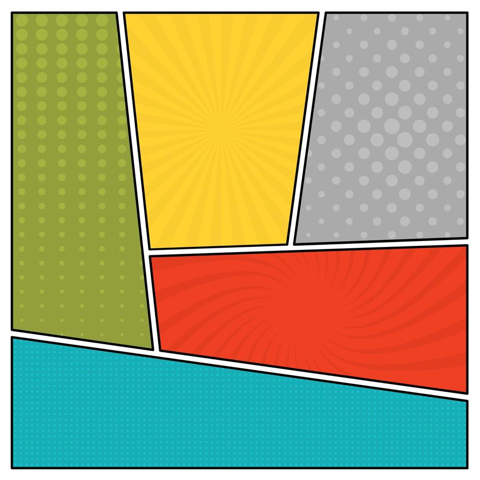 Colorful comic book page background in pop art style. Empty template with rays and dots pattern. Vector illustration