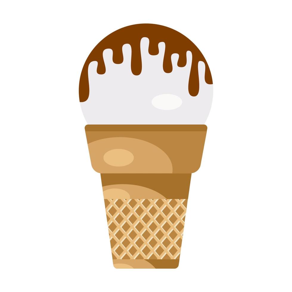 Ice cream ball with chocolate in a waffle horn. Vector illustration.