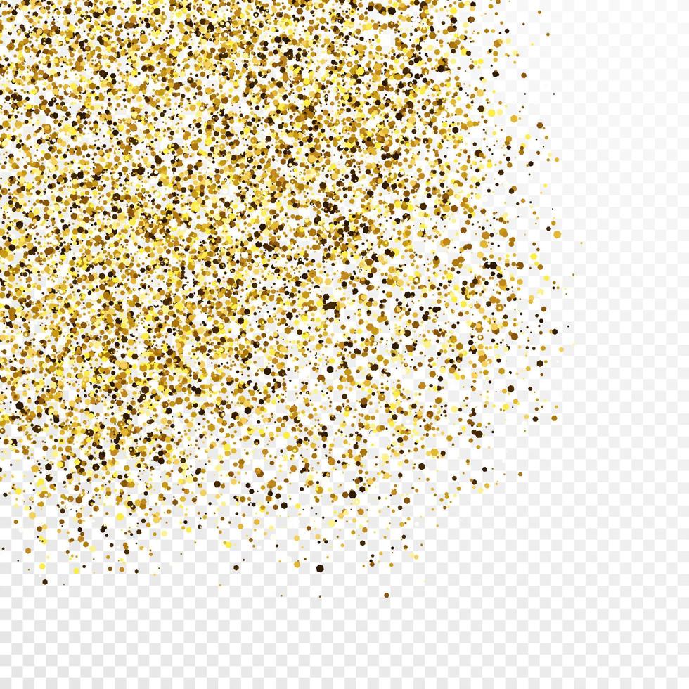Gold glitter confetti backdrop isolated on white transparent background. Celebratory texture with shining light effect. Vector illustration.