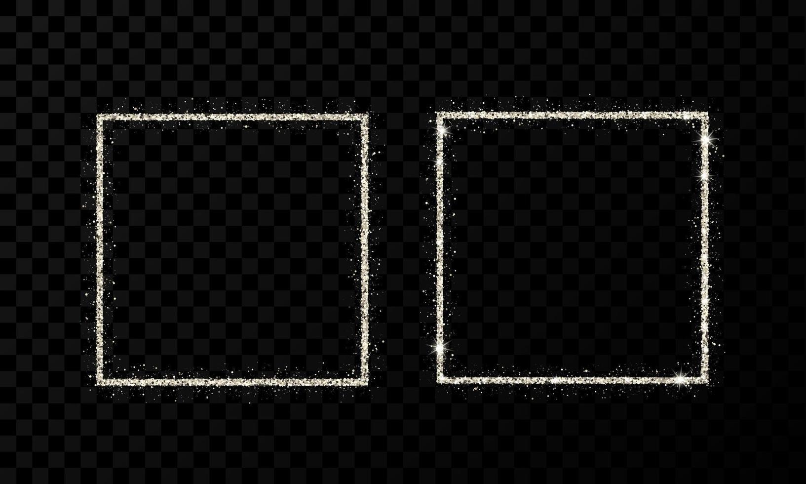 Silver square frame. Two modern shiny frames with light effects isolated on dark transparent background. Vector illustration.