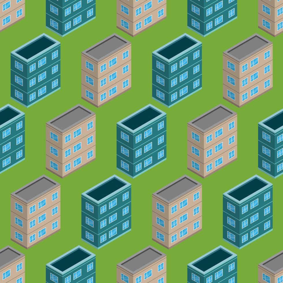 Isometric building seamless pattern. Urban architecture concept background. City buildings in isometric style. Vector illustration.