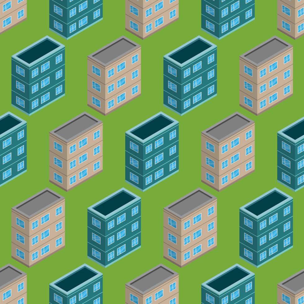 Isometric building seamless pattern. Urban architecture concept background. City buildings in isometric style. Vector illustration.