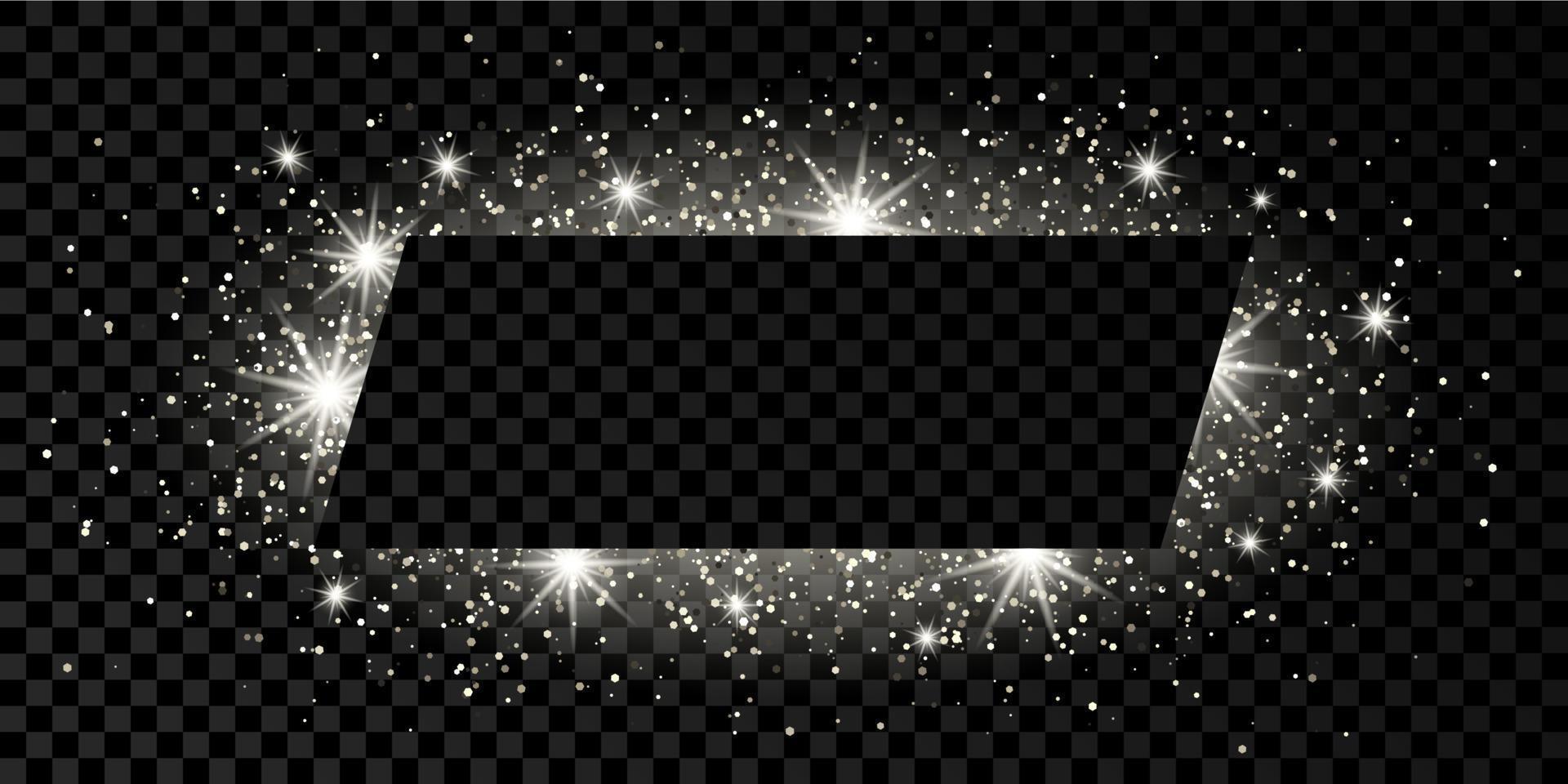 Silver rectangle frame with glitter, sparkles and flares on dark transparent background. Empty luxury backdrop. Vector illustration.