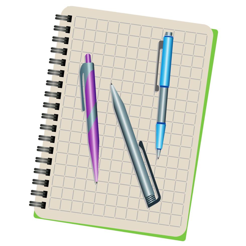 Notebook and three pens on a white background vector