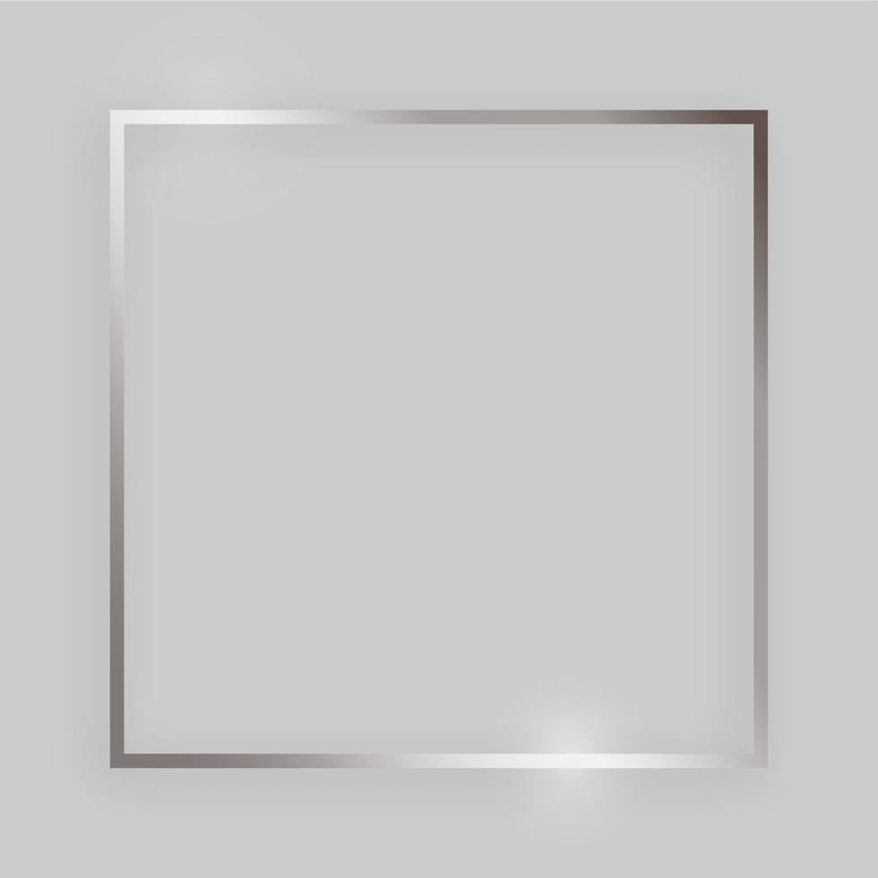 Shiny frame with glowing effects. Silver square frame with shadow on grey background. Vector illustration