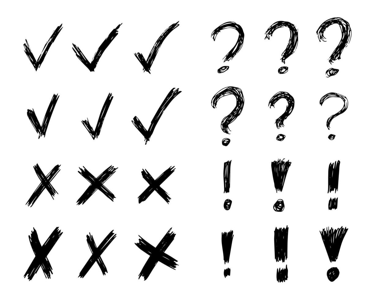 Hand drawn check, cross, question mark and exclamation mark symbols. Set of twenty four black sketch symbols. Vector illustration
