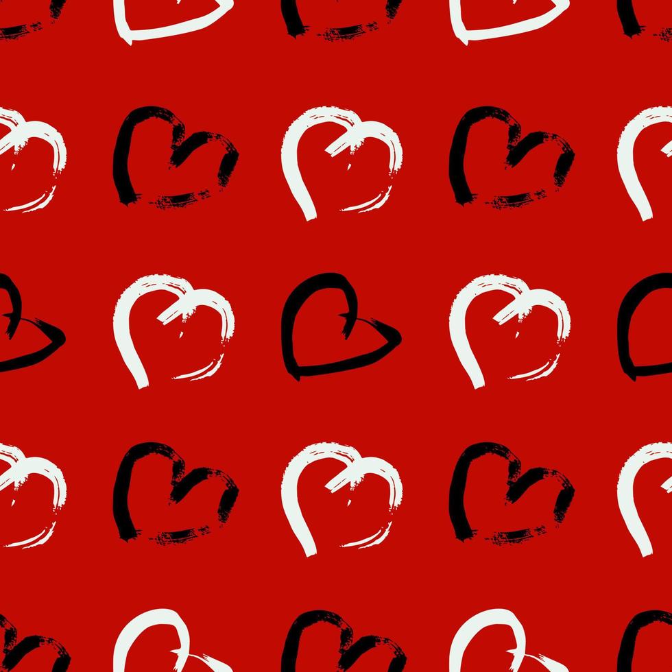 Seamless pattern with hand drawn hearts. Doodle grunge black and white hearts on red background. Vector illustration.
