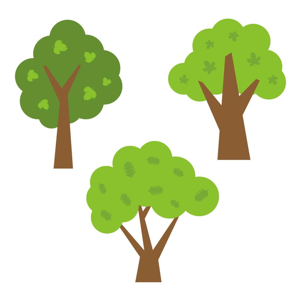 Three green trees with leaves. Vector illustration