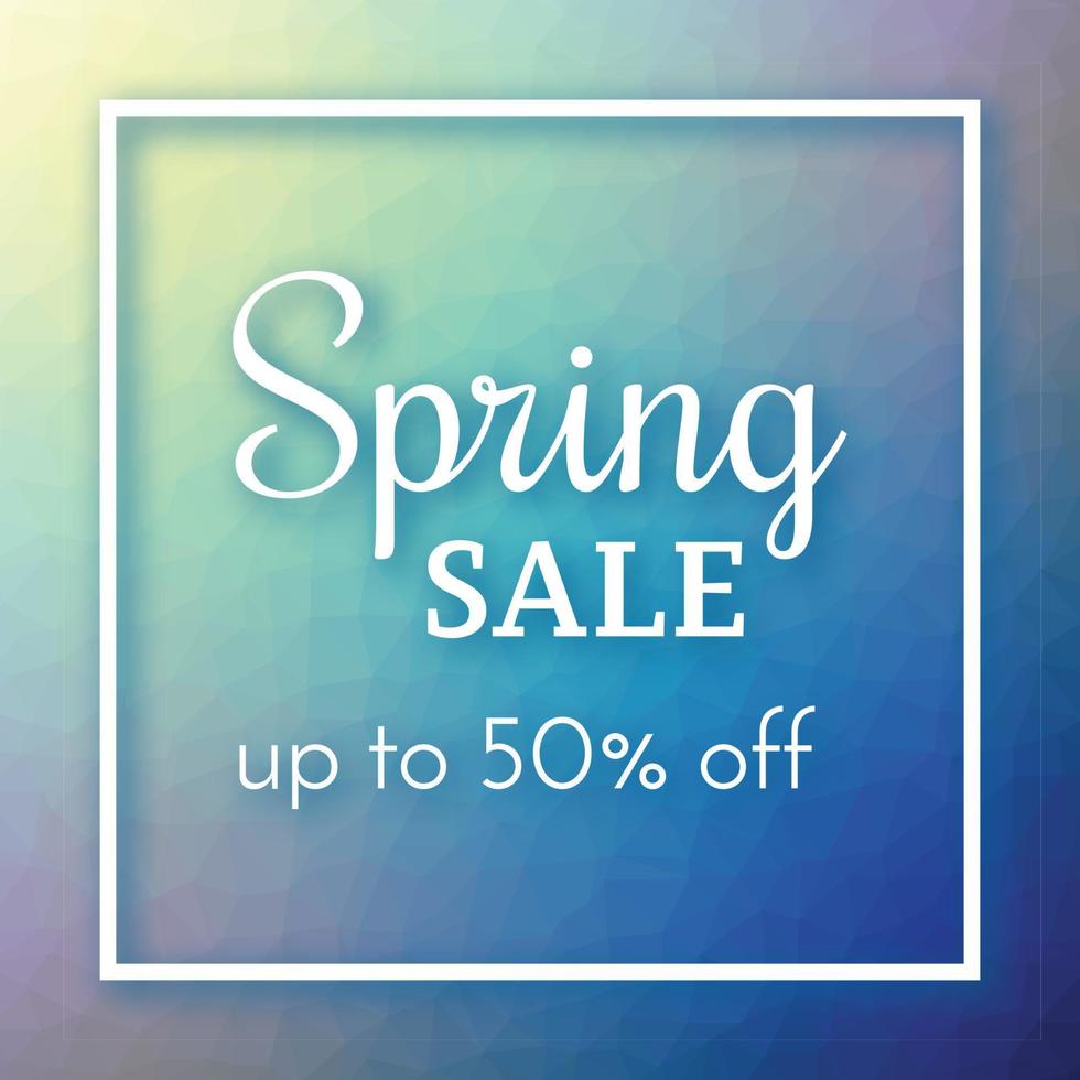 Spring sale banner and up to 50 off sign on colorful polygonal background. Vector illustration